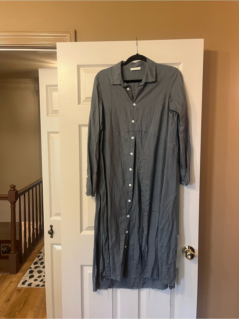 Long Grey Button-Front Shirt Dress with Full Sleeves
